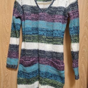 Ultra Flirt Women's V-Neck Sweater in Blue, Green, and Purple Stripes